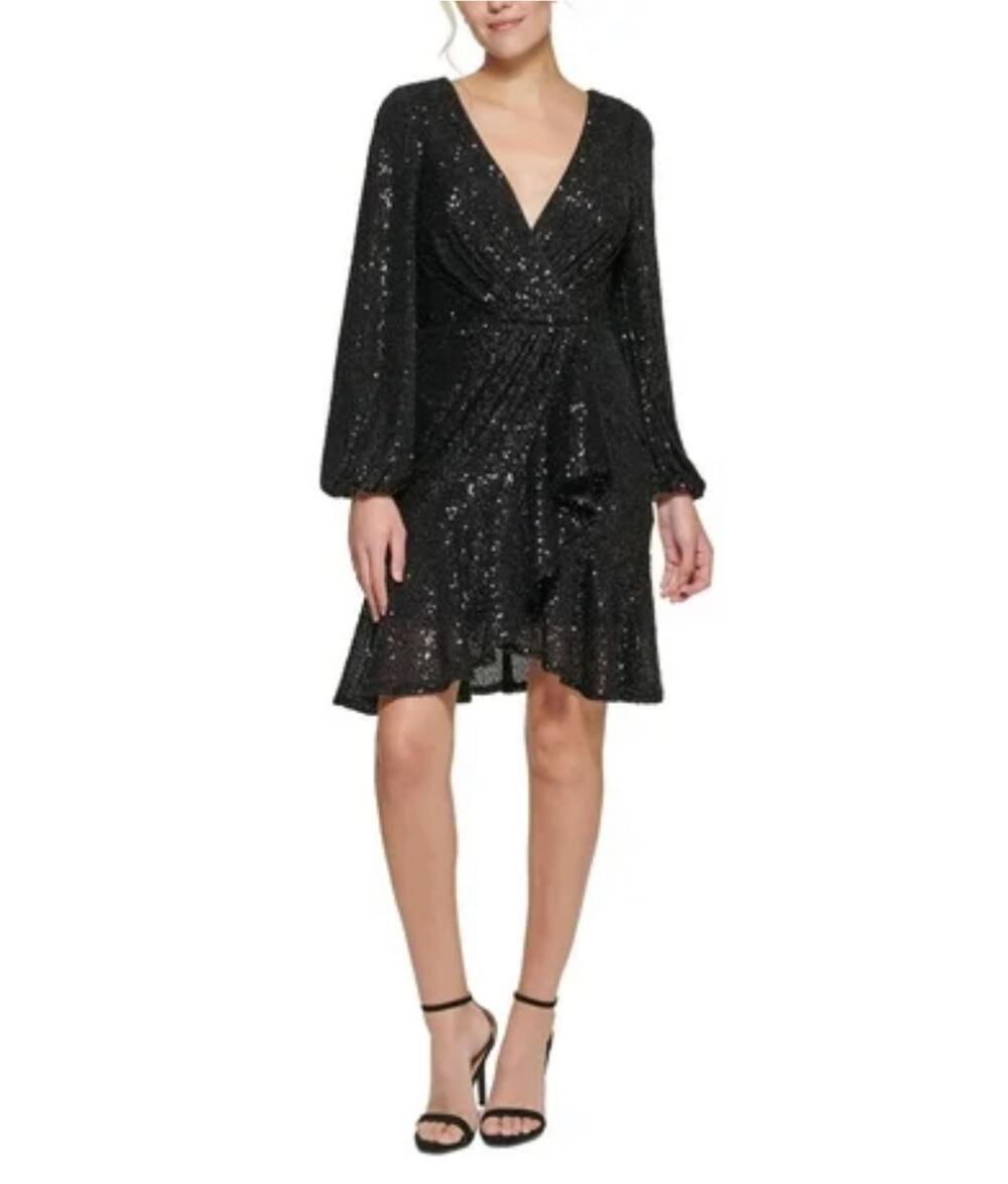 Eliza J Black Cocktail Dress Sequined Long Sleeve V-Neck Fit and Flare Size 6